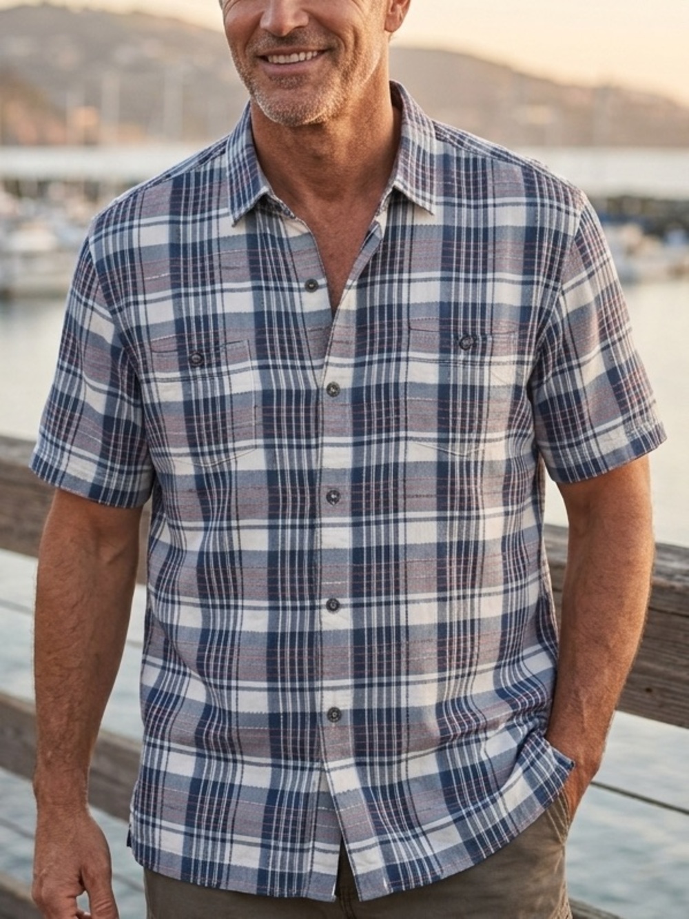 Tommy Bahama Shirt XL Silk Cotton Blue Plaid Stitched Patchwork Short Sleeve